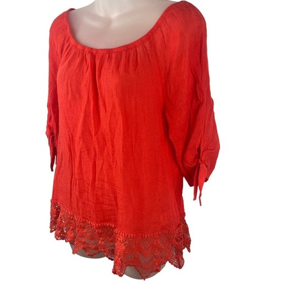 Bobeau Top Blouse Red Orange Off The Shoulder Lace‎ Hem Women's Size Medium - Picture 3 of 16